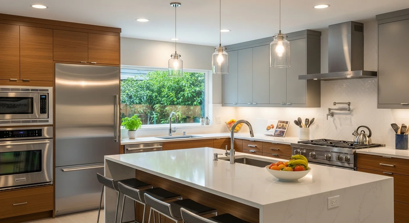 Kitchen with custom cabinetry, a large island, and quartz countertops