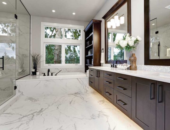 Master modern bathroom interior in luxury home with dark hardwoo